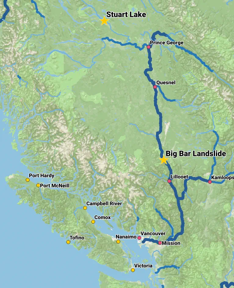 A map showing the location of the Big Bar Landslide in relation to towns and cities in BC.