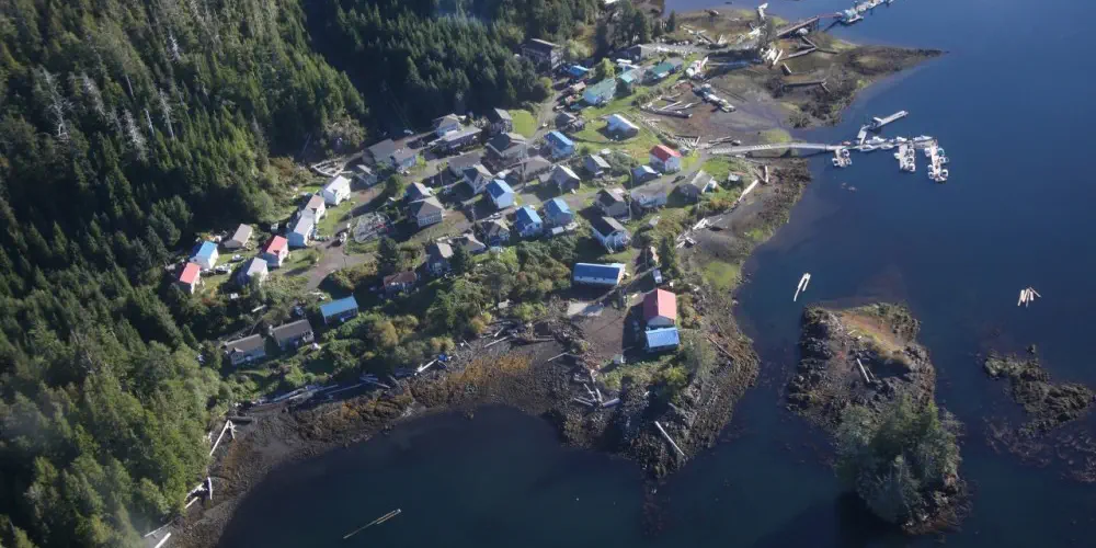 An aerial photograph of Kyuquot on a sunny day.