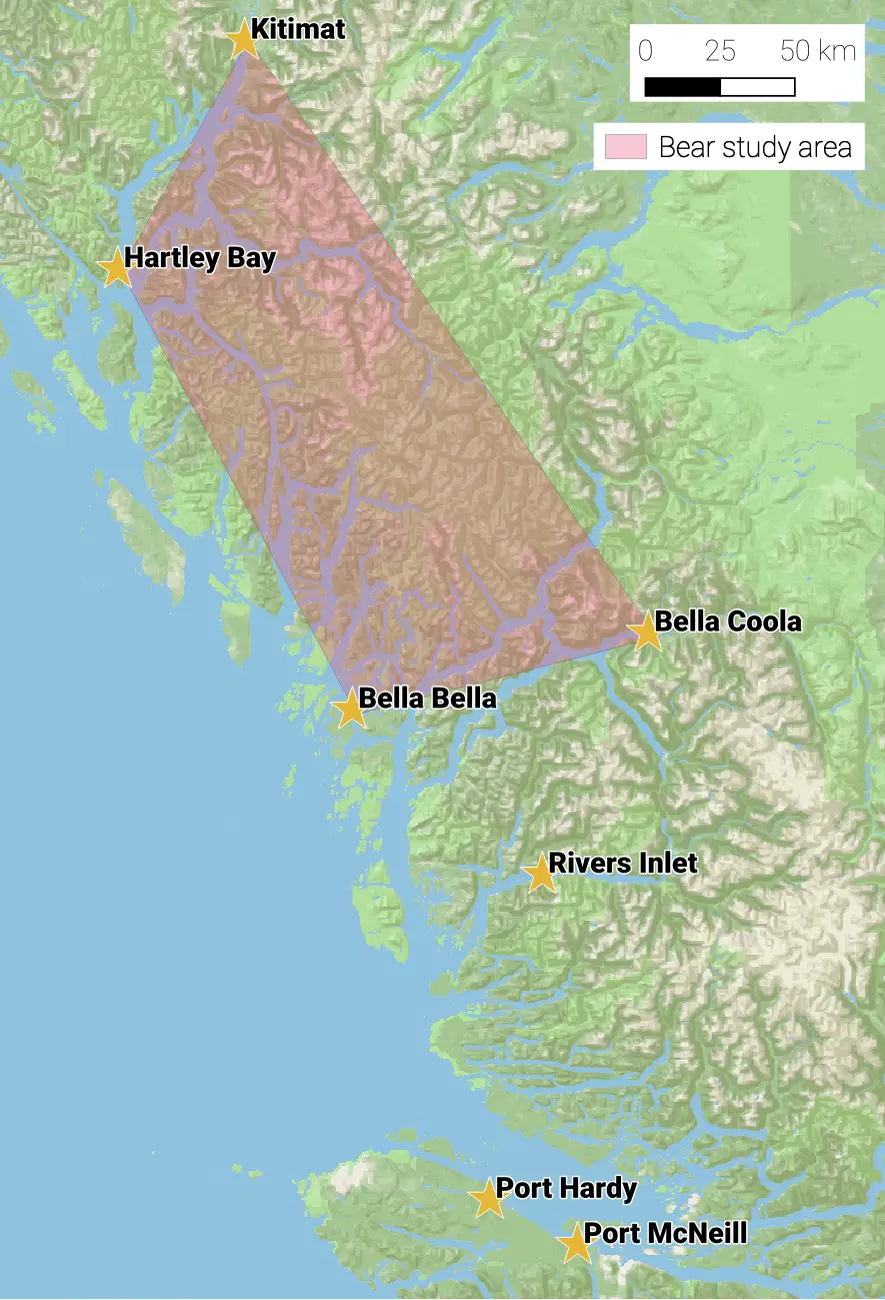 A map outlining the study area between the four towns of Hartley Bay, Kitimat, Bella Bella, and Bella Coola.