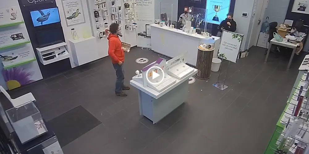 A man in a red hoodie stands in the middle of the cell phone store with a carton of eggs. Two employees sit behind the desk looking bewildered.