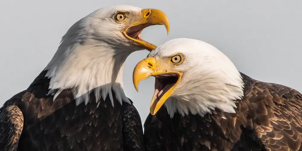 A close-up of two eagles at sunset. Their mouths are open and they look like two old guys having an argument.