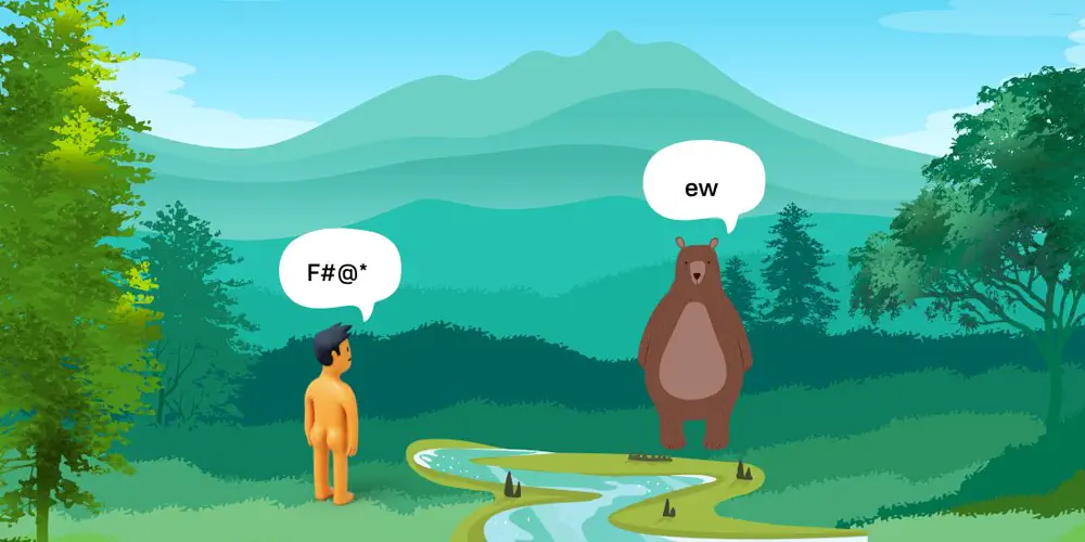 A cartoon of a naked man meeting a bear in the woods. Speech bubbles above their heads indicate they're both a bit startled.