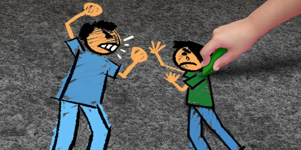 A kid colours in a cartoon of two people arguing.
