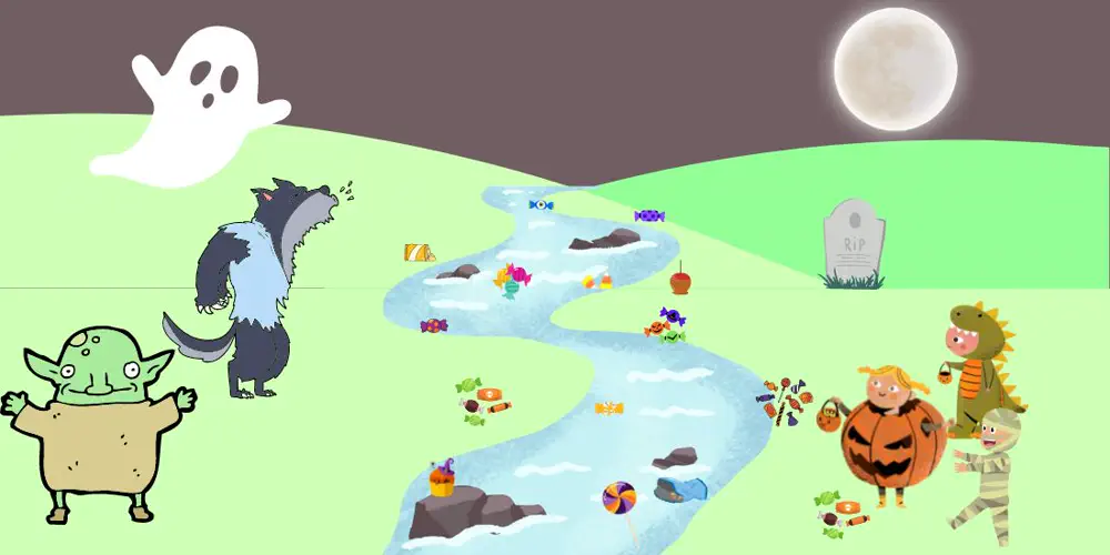 A cartoon of Halloween ghosts and candy wrappers in a river.