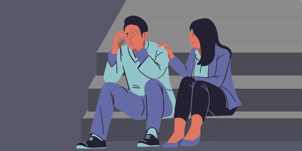 A cartoon of a person comforting another person on a set of stairs.