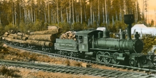 Old picture of logs being transported by the Comox-Campbell Lake Tramway