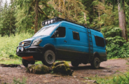 Sprinter van driving over rocks