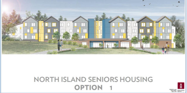 An architect's drawing of a potential old folks home in Port Hardy. Grey, yellow, and blue townhouses line a street with benches and small trees.