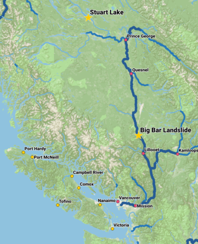 A map showing the location of the Big Bar Landslide in relation to towns and cities in BC.