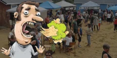 A cartoon man breathes garlic breath all over a group of market goers.