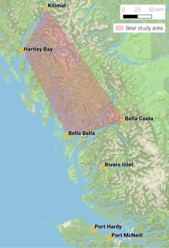 A map outlining the study area between the four towns of Hartley Bay, Kitimat, Bella Bella, and Bella Coola.