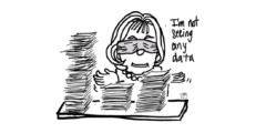 A cartoon of Dr. Bonnie Henry sitting blindfolded at a desk full of papers. The caption says "I'm not seeing any data!"