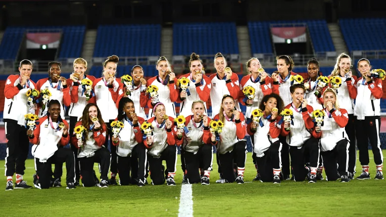 The Canadian women's soccer team poses with their gold medals.