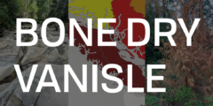 A picture of a dry creek, a drought map of VanIsle, and a dead red cedar covered by the text "BONE DRY VANISLE".