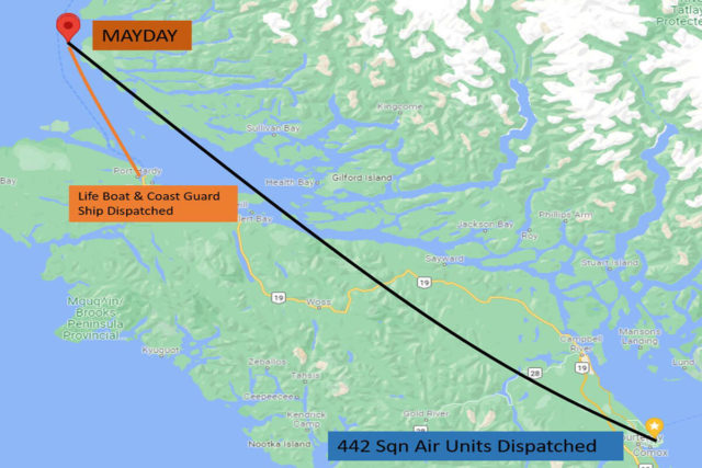 A map of where the boat sank, and where the air squad and coast guards were dispatched.