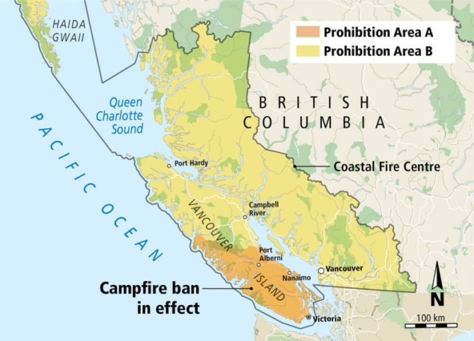 A map of the BC coastal fire zones and the places where campfire bans are still in place.