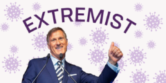 A picture of Maxime Bernier smiling with a thumbs up. He has the word Scumbag written above his head and there are little purple COVIDs in the background.