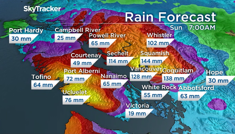 A map of Vancouver Island with the predicted rainfall listed over each city.