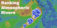 A map of an atmospheric river hitting Vancouver Island with cartoon boxing gloves lining up to punch the Island.