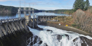 The John Hart Dam releases lots of water into the river below.