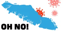 A map of Vancouver Island with some COVID virus molecules swimming up to the Comox Valley area.