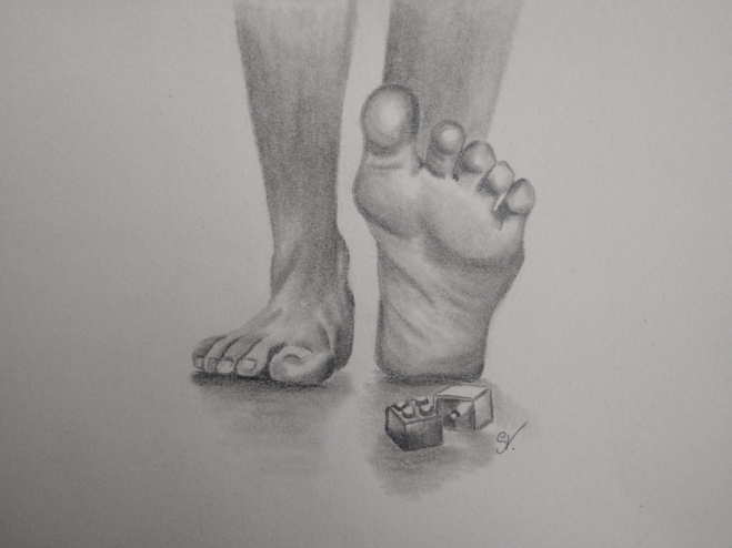 A pencil sketch of someone's feet walking toward you and one foot is about to step on lego.