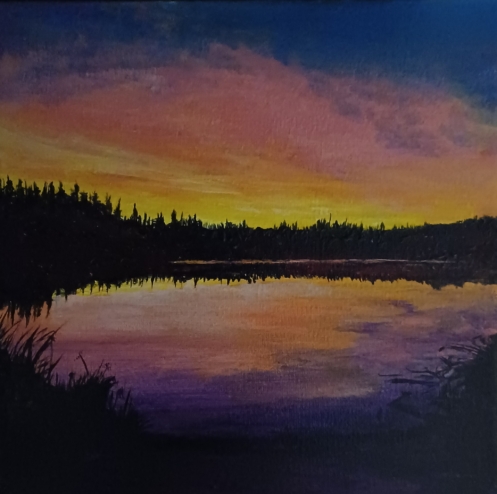 A painting of a small lake at sunset.