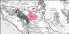 A black-and-white map of the tree farm licenses on Vancouver Island. Only TFL 39 north of Campbell River is in hot pink.