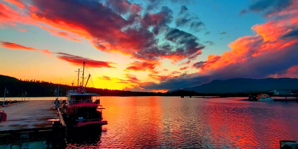 A bright, colourful sunset at the Harbour Quay in Port Alberni.