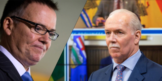 On the left, Kevin Falcon looks awkward. On the right, John Horgan looks like he's up to something.