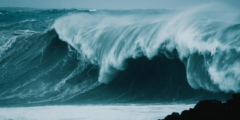 A huge wave crests in stormy weather.