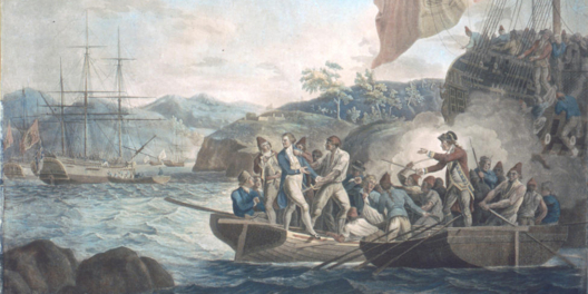 A historical illustration of Spanish and British colonists on boats on the shores of Nootka.