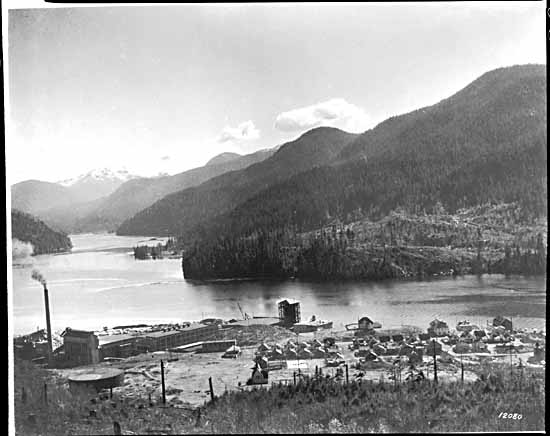 A black-and-white photo of Port Alice in 1929. The mill sits on the shore of the inlet.