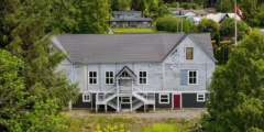 An aerial picture of the Sointula Recreation Association building.