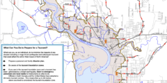 A map of Port Alberni. The areas that could be flooded by a tsunami are shaded extra dark.