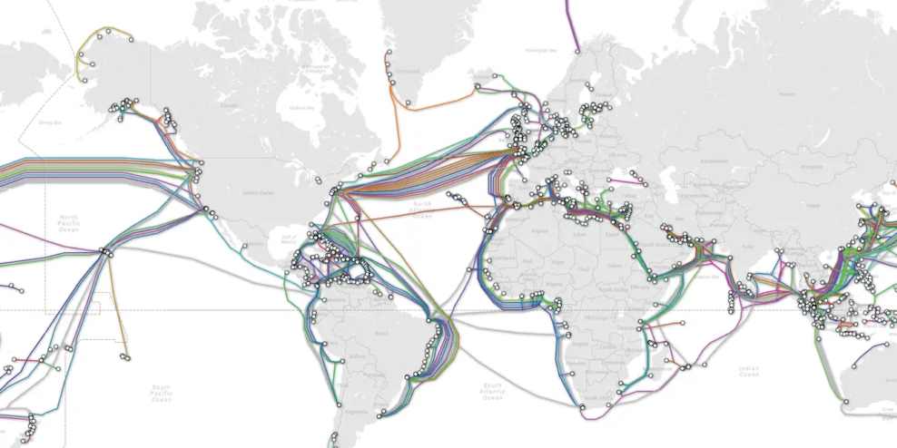 An illustrated map of all the undersea internet cables that crisscross the globe.