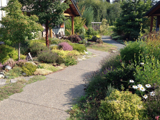 A cement walkway winds through wildflower gardens toward a house and gate.