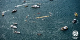 A drone shot of boats circling on the water around a floating sign that reads "Fish Farms Out."