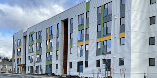 A view of the newly constructed Maitland Street Village on a sunny day. The leaves aren't quite out yet.