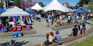 Spirit Square in Campbell River is all decorated with rainbows.