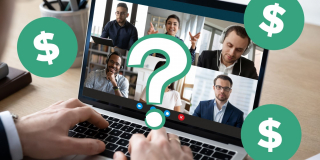 A close-up of a laptop screen with a Zoom meeting on it. Dollar signs float in the foreground.