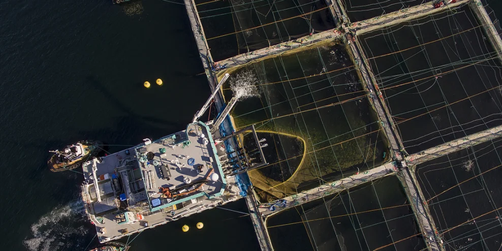 An aerial shot of a hydrolicer parked next to a floating factory fish farm.