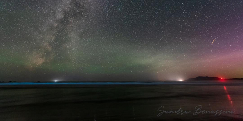 The Milky Way lights up the sky with aurora borealis while bioluminescence lights up the water.