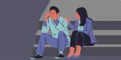 A cartoon of a person comforting another person on a set of stairs.