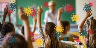 Kids sit in a classroom, but there are COVID virus particles floating in the air.