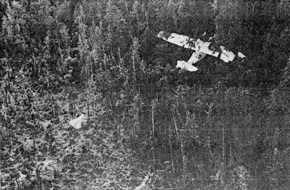 A black-and-white photo of the Canso bomber crash site from 1945.