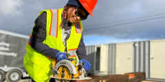 North Island College carpentry student building a tiny homes base.