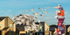 A man sitting on top of a pile of suitcases sprays $100 bills at a bunch of houses.